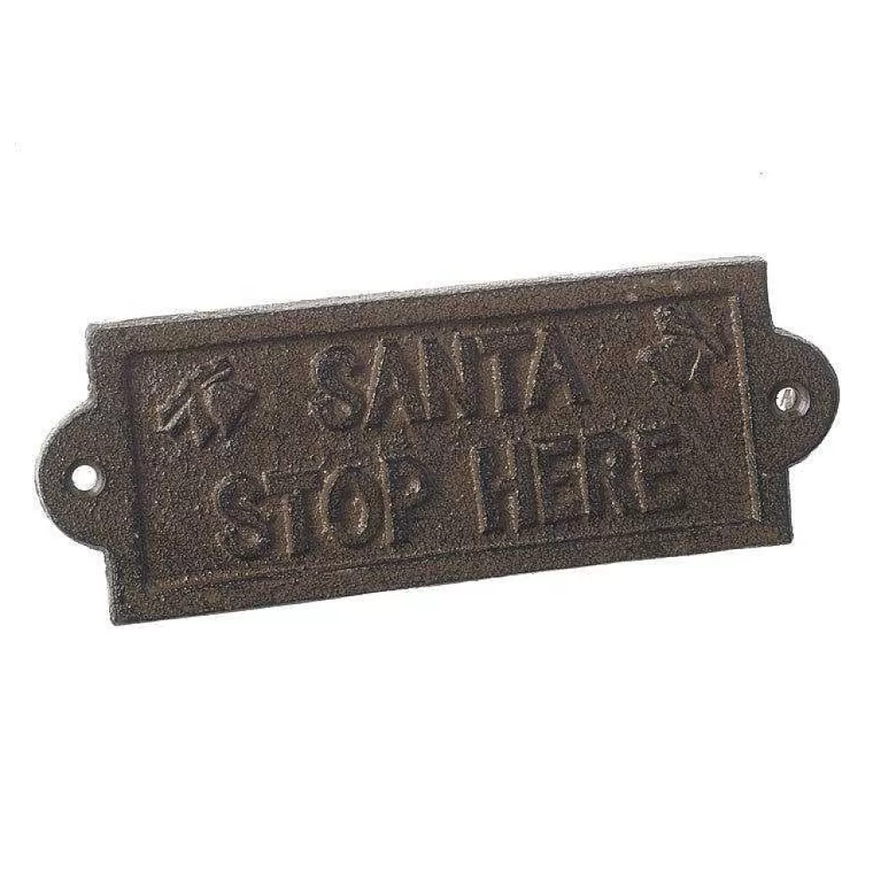 The Christmas Imaginarium Aged Iron Santa Stop Here Sign - 14.2Cm* Signs And Metal Christmas Decorations