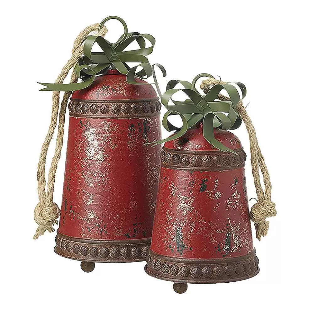 The Christmas Imaginarium Set Of 2 Rustic Red Bells With Green Bows - 26Cm* Signs And Metal Christmas Decorations